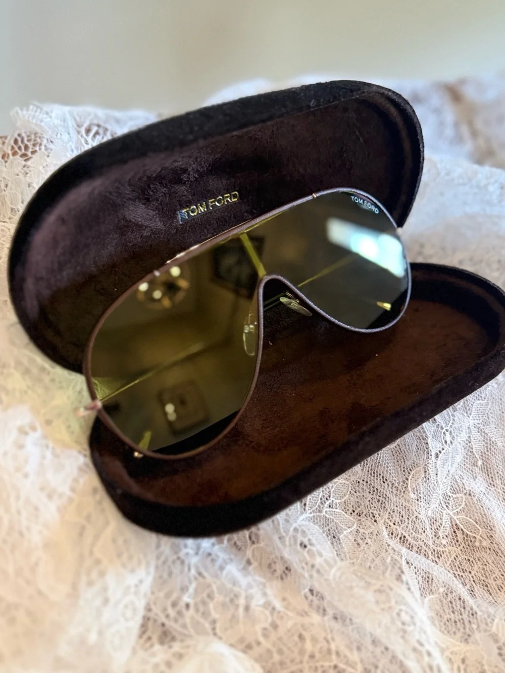 Tom Ford Gold-Trim Olive Gradient Shield Sunglasses